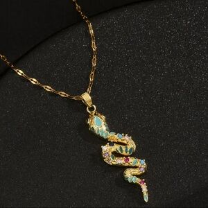 Gold Snake Pendant Necklace Multicolor Crystal Turquoise Enamel Boho NWT